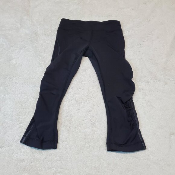 Lululemon Black Ruched Mesh Active Gym Yoga Zipper 18" Capri‎ Cropped Legging 4 - Picture 1 of 6